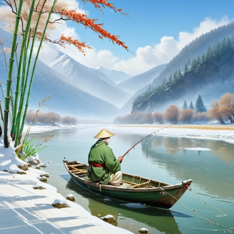 On a vast snowfield, the river is covered in thick white snow, almost merging with the snow on the shore. On the river, a solitary boat floats quietly, with an old fisherman dressed in a raincoat and a bamboo hat sitting on it. His figure appeared particularly lonely against the backdrop of the snow, as if isolated from the world. The old fisherman held a fishing rod and stared intently at the river, as if waiting for the fish to take the bait or pondering something. The world around was silent, with only occasional snowflakes falling and the faint sound of river water flowing,gmlm, gmlm,gmlm_background, asuo