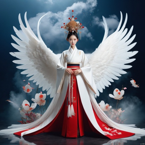 a anthropomorphic swan,swan Wearing Hanfu and a long skirt, with a Chinese aesthetic, Feather element,high-end design style,mysterious,A slender and slender figure,art by Rinko Kawauchi,flowers in the skyanalog film,super detail,anthropomorphic,Black, white, and red color scheme,high-end feel,Long Shot,Full body,A bright and vibrant white color tone,Wonderland, clouds and mist, elements of Chinese mythology, gmlm