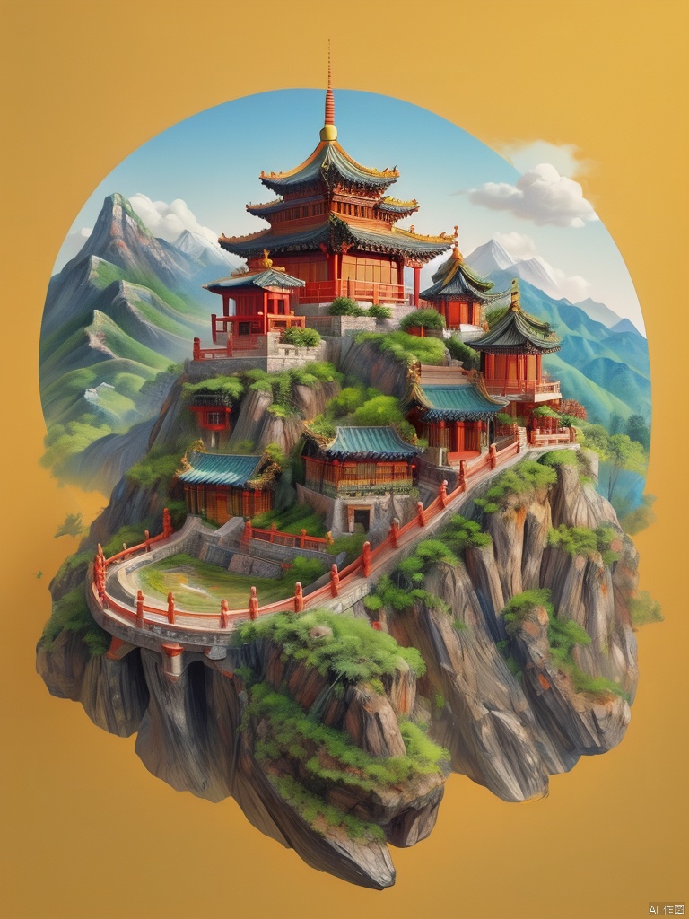 A painting of a mountain landscape in the style of Song Huizong, with rolling mountains and green vegetation, painted using a gold leaf technique. The background is a yellowish orange, adding depth to the scene. This artwork features vibrant blue colors for the peaks, creating an enchanting atmosphere reminiscent of traditional Chinese brushwork. It depicts rugged terrain with small villages nestled among lush trees.arttoy