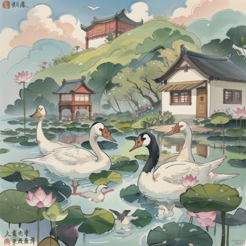 gushi, no humans, lily pad, geese pond, water, bird, outdoors, flower, plant, traditional media, tree, lotus, pink flower, grass, sky, scenery, day, building, chinese text, animal focus, cloud