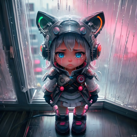 kal'tsit (arknights),blurry, blurry foreground,by rella,Dark environment, from above, full body,1girl,solo,curl up in bed, arms around her knees, in room, one of Her arm covered her eyes,very sad,she has long and smooth eyelashes,sad crying, tears drop from her face, wet clothes, White nightdress, rainning outside,overcast sky,neon lights, lights, cyberpunk, windows, reflections, reflections,Neon lights outside the window, raindrops hitting the window at night,arttoy