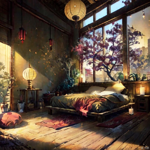  jianzhu, A cozy bedroom with a large bed, a tree, and several large windows. The room is decorated with warm colors and soft lighting. The bed has a red blanket and several pillows. There is a tree in the corner of the room with a few books on the floor next to it. There are several candles on the floor and on the bedside table. The room is lit by a few lanterns. The overall atmosphere of the room is warm and inviting.,流光