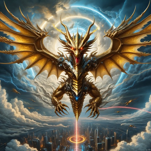 A huge cyberpunk style dragon is flying in the sky, its body made of metal and machinery, shining with golden light. Its wings spread out, as if flying in the clouds. The dragon's eyes emit a laser, giving people a mysterious and powerful feeling. High definition, clear and realistic painting art, gmlm, cexz1,cexz2,cexz3,cexz4,cexz5,changexian