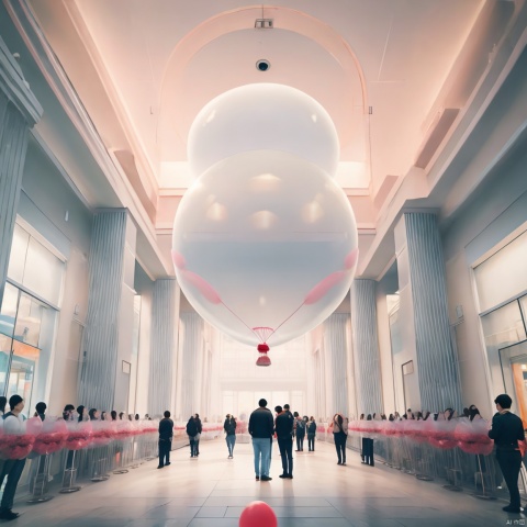 many white balloons fill the entrance of luxury stores,the large balloon squeezed out of the door,many people gathered to watch,long shot shooting,wide angle lens shooting,arttoy