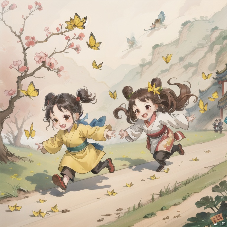 gushi,Children Rushing After Yellow Butterflies