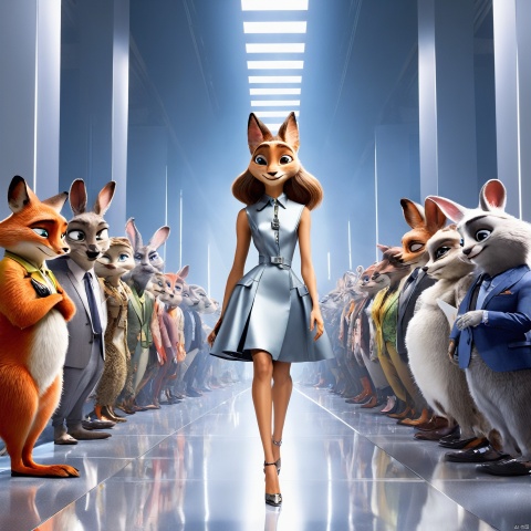 Zootopia,Humanized animals, dressed in Dior runway fashion and shoes, milan fashion week, Movie poster style, fox and rabbit, characters and style of Zootopia,Dynamic capture of runway shows,high-end design style,Pure gray mirrored texture flooring,16K , gmlm