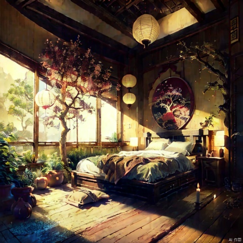  jianzhu, A cozy bedroom with a large bed, a tree, and several large windows. The room is decorated with warm colors and soft lighting. The bed has a red blanket and several pillows. There is a tree in the corner of the room with a few books on the floor next to it. There are several candles on the floor and on the bedside table. The room is lit by a few lanterns. The overall atmosphere of the room is warm and inviting.,流光