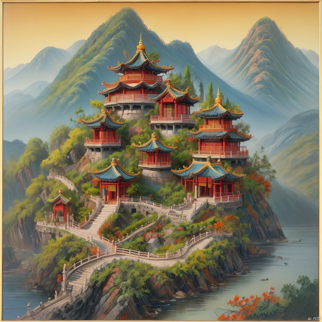 A painting of a mountain landscape in the style of Song Huizong, with rolling mountains and green vegetation, painted using a gold leaf technique. The background is a yellowish orange, adding depth to the scene. This artwork features vibrant blue colors for the peaks, creating an enchanting atmosphere reminiscent of traditional Chinese brushwork. It depicts rugged terrain with small villages nestled among lush trees.arttoy