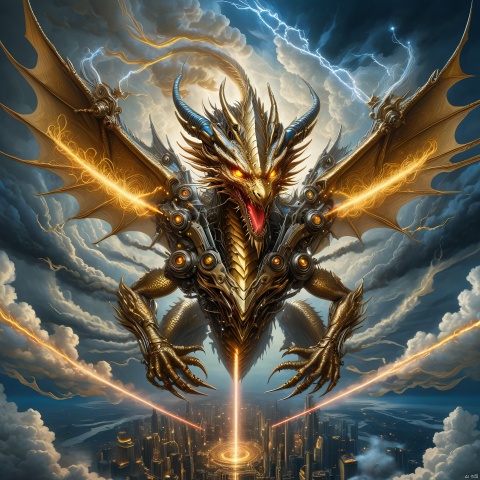 A huge cyberpunk style dragon is flying in the sky, its body made of metal and machinery, shining with golden light. Its wings spread out, as if flying in the clouds. The dragon's eyes emit a laser, giving people a mysterious and powerful feeling. High definition, clear and realistic painting art, gmlm, cexz1,cexz2,cexz3,cexz4,cexz5,changexian