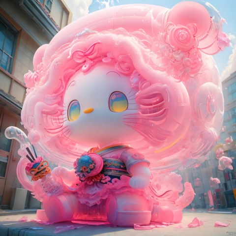 a white pink inflatable building on the sidewalk, in the style of meticulous photorealistic still lifes, japanese inspiration.a sculpture consisting of colorful balls, in the style of fluid, glass-like sculptures, ethereal cloudscapes, guo pei, transparent layers, tangled forms, swirling colors, blown-off-roof perspective,arttoy