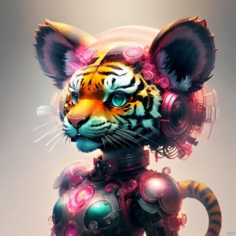 The robot, the head of a tiger, has an extremely delicate and complex mechanical structure on the front, with illustrations, X-ray perspective, and by Nick Veasey, the image appears very ethereal, reflecting the beauty of technology and art,arttoy