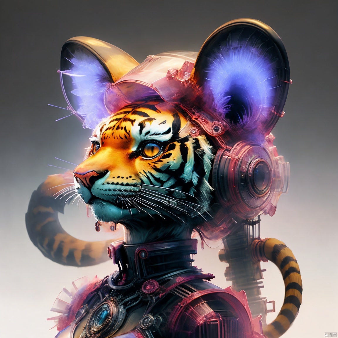 The robot, the head of a tiger, has an extremely delicate and complex mechanical structure on the front, with illustrations, X-ray perspective, and by Nick Veasey, the image appears very ethereal, reflecting the beauty of technology and art,arttoy