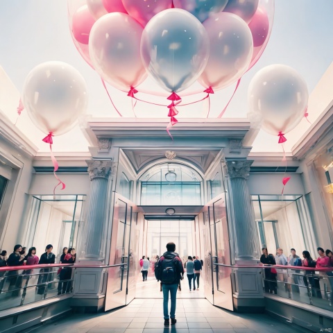 many white balloons fill the entrance of luxury stores,the large balloon squeezed out of the door,many people gathered to watch,long shot shooting,wide angle lens shooting,arttoy