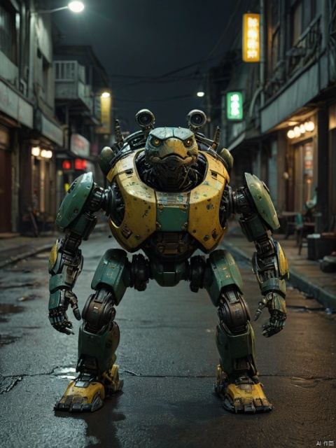 score_9, score_8_up, score_7_up, score_6_up, score_5_up, score_4_up ,
Green Turtle Robot, Night, Front View, Yellow Halo in Dark Color Scheme, Realism in Documentary Style, Sense of Responsibility, High Saturation, Dark Atmosphere, Terrifying Atmosphere, Junki LTO, Chinese Punk,
