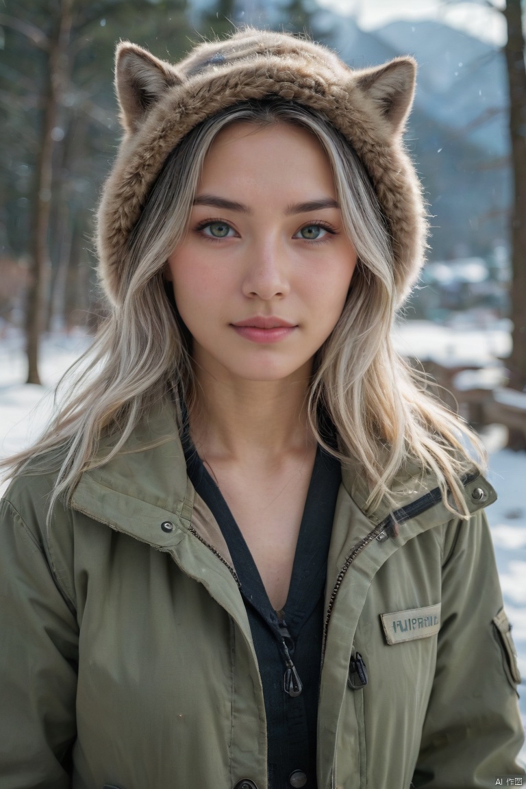  score_9, score_8_up, score_7_up, score_6_up, score_5_up, score_4_up ,
An award-winning photo of a woman from Hong Kong, with green eyes, white long hair, natural skin, 8k uhd, DSLR, movie lighting, high quality, film texture, Fujifilm XT3, wearing a jacket, brimless hat, warm, wolf necklace, exploring the snowy countryside, cold weather, tempting smile, half closed eyes, horses in the background, trees, shrubs, mountains, streams, jet skis behind, seeing a few random people in the background, very realistic details, you never know it's fake