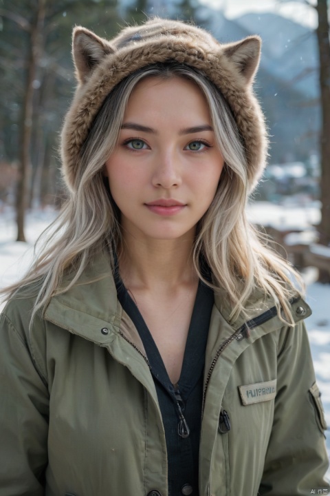  score_9, score_8_up, score_7_up, score_6_up, score_5_up, score_4_up ,
An award-winning photo of a woman from Hong Kong, with green eyes, white long hair, natural skin, 8k uhd, DSLR, movie lighting, high quality, film texture, Fujifilm XT3, wearing a jacket, brimless hat, warm, wolf necklace, exploring the snowy countryside, cold weather, tempting smile, half closed eyes, horses in the background, trees, shrubs, mountains, streams, jet skis behind, seeing a few random people in the background, very realistic details, you never know it's fake
