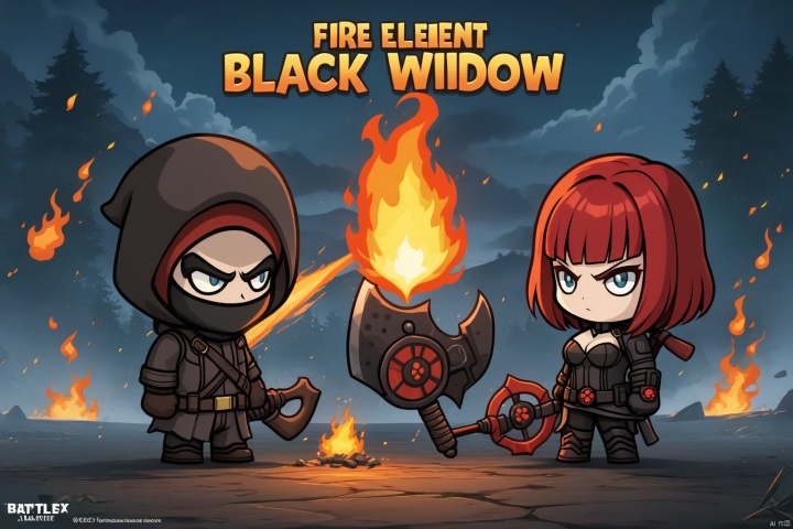 Three game characters, Fire Element, (Black Widow), wielding a Fire Element battle axe, masterpiece, title