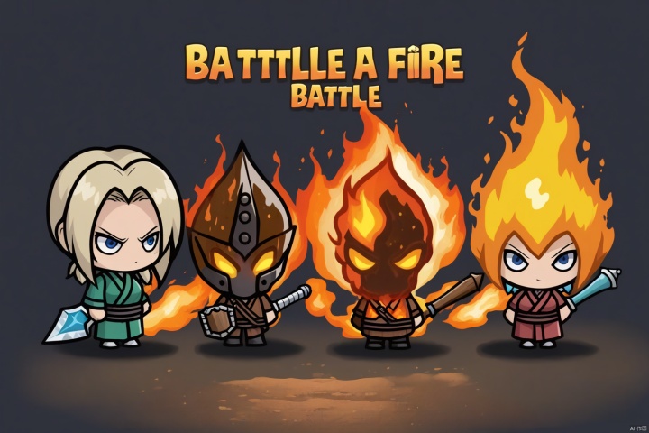  Three game characters, Fire Element, (Tsunade), wielding a Fire Element battle axe, masterpiece, title