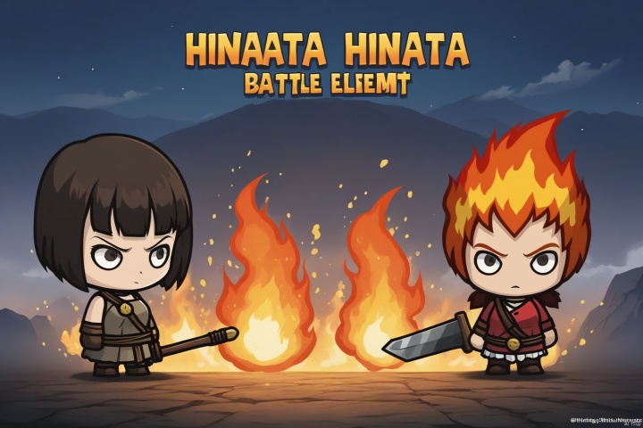  Three game characters, Fire Element, (Hinata Hinata), wielding a Fire Element battle axe, masterpiece, title