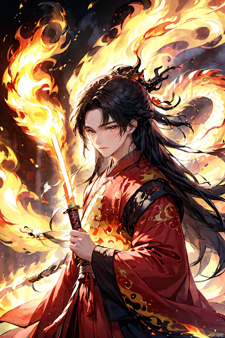  (masterpiece, best quality:1.5), smoke dragon,1boy, black hair, Breathing fire, combustion, ember, whole body, Keep, Keep sword, Keep arms,dark magic,Ancient Chinese Hanfu, long hair, long sleeves, looking at the audience, male focus, Red theme, alone, Permanently installed, sword, very long hair, arms, 1BOY, glow