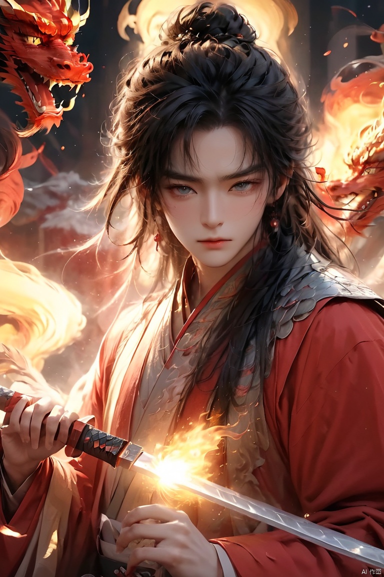  (masterpiece, best quality:1.5), smoke dragon,1boy, black hair, Breathing fire, combustion, ember, whole body, Keep, Keep sword, Keep arms,dark magic,Ancient Chinese Hanfu, long hair, long sleeves, looking at the audience, male focus, Red theme, alone, Permanently installed, sword, very long hair, arms, 1BOY, glow