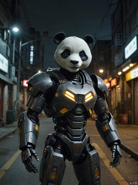  score_9, score_8_up, score_7_up, score_6_up, score_5_up, score_4_up ,
panda robot, night, front view, yellow halo in dark color scheme, realistic documentary style, sense of responsibility, high saturation, dark atmosphere, terrifying atmosphere, Junki LTO, Chinese punk,