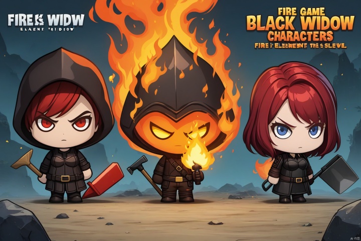 Three game characters, fire element, (Black Widow),Hand held shovel, masterpiece, title