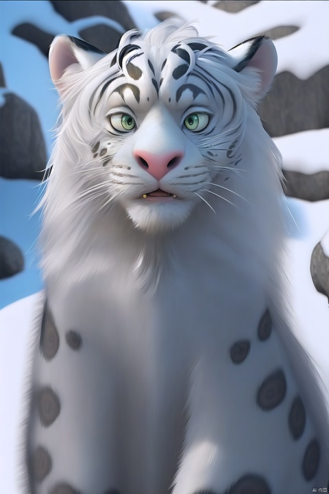  Snow leopard head, furry, cute, big eyes, surprising, depth of field, Disney style, animation