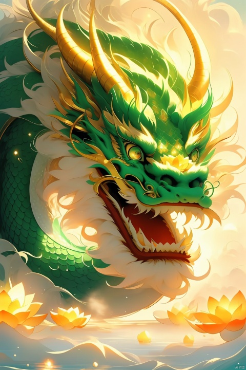  Surrealist photography, top view, oriental
Mythical, frozen, hovering in sparkling light green water An ice rad Chinese dragon with its long eyelashes and golden dragon horns, sparkling dragon scales, fluffy texture, incredibly clear shallow water, surrounded by white mist, big green ice makes the lotus float on the water, gold foil, polished, perfect curves, sunlight, green glare, sacred, natural, true, high detail, clean, simple, best image quality, in Asai Miki style, David Nordahl, naturalistic aesthetics, fast shutter speed, 14mm lens, perfect composition, 8k HD