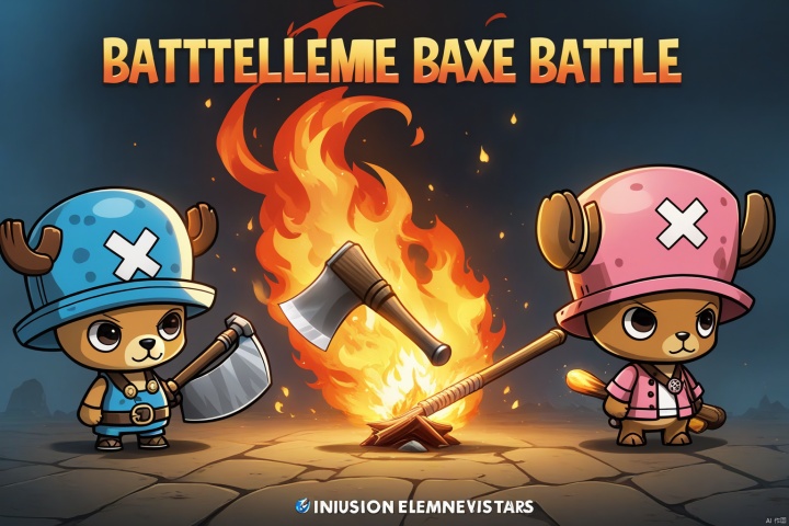  Three game characters, Fire Element, (Tony Tony Chopper), wielding a Fire Element battle axe, masterpiece, title