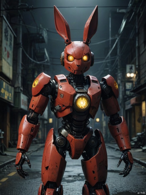  score_9, score_8_up, score_7_up, score_6_up, score_5_up, score_4_up ,
Red Rabbit robot, night, front view, yellow halo in dark color scheme, realistic documentary style, sense of responsibility, high saturation, dark atmosphere, terrifying atmosphere, Junki LTO, Chinese punk,