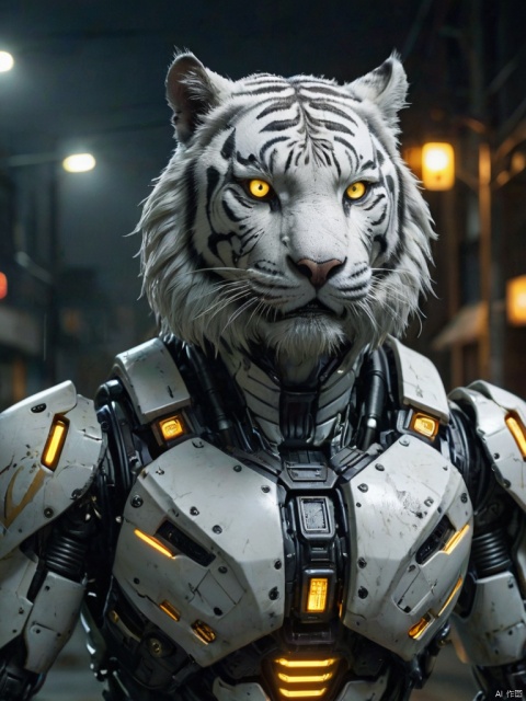  score_9, score_8_up, score_7_up, score_6_up, score_5_up, score_4_up ,
White Tiger robot, night, front view, yellow halo in dark color scheme, realistic documentary style, sense of responsibility, high saturation, dark atmosphere, terrifying atmosphere, Junki LTO, Chinese punk,
