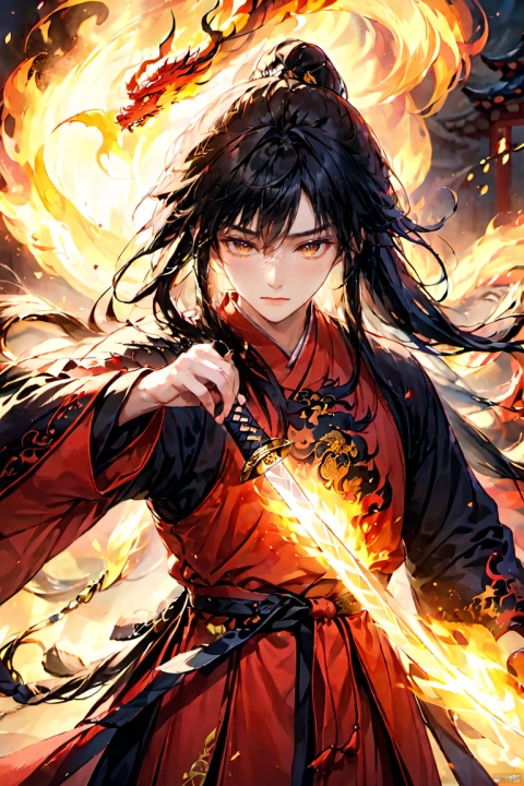  (masterpiece, best quality:1.5), smoke dragon,1boy, black hair, Breathing fire, combustion, ember, whole body, Keep, Keep sword, Keep arms,dark magic,Ancient Chinese Hanfu, long hair, long sleeves, looking at the audience, male focus, Red theme, alone, Permanently installed, sword, very long hair, arms, 1BOY, glow