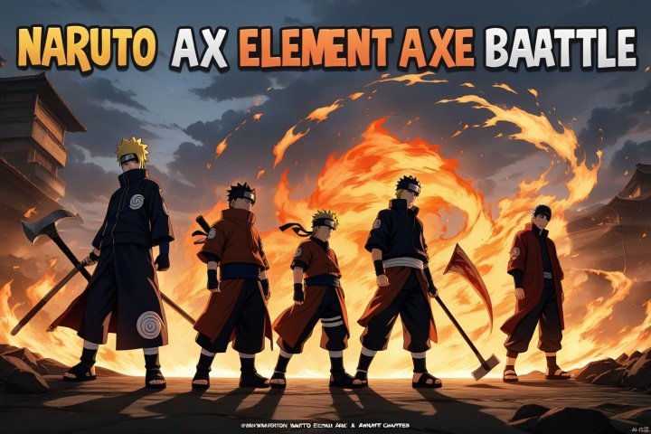  Three game characters, Fire Element, (Naruto), wielding a Fire Element battle axe, masterpiece, title