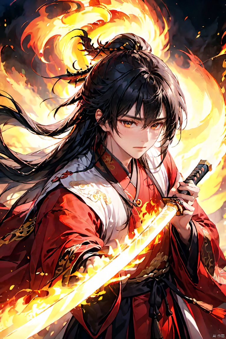  (masterpiece, best quality:1.5), smoke dragon,1boy, black hair, Breathing fire, combustion, ember, whole body, Keep, Keep sword, Keep arms,dark magic,Ancient Chinese Hanfu, long hair, long sleeves, looking at the audience, male focus, Red theme, alone, Permanently installed, sword, very long hair, arms, 1BOY, glow