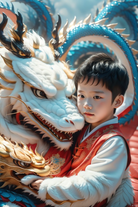  A boy, 5 years old, cute, photo, real, masterpiece, 32k, best quality, Chinese dragon, (\long wang ga ma\)