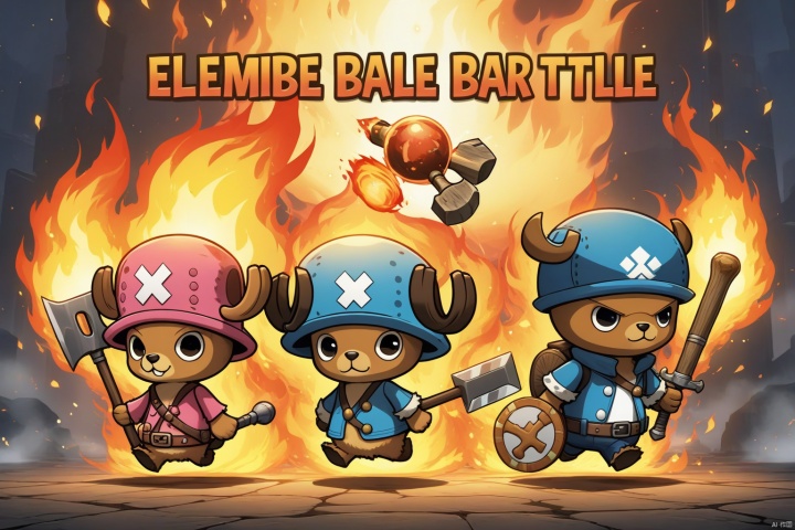  Three game characters, Fire Element, (Tony Tony Chopper), wielding a Fire Element battle axe, masterpiece, title