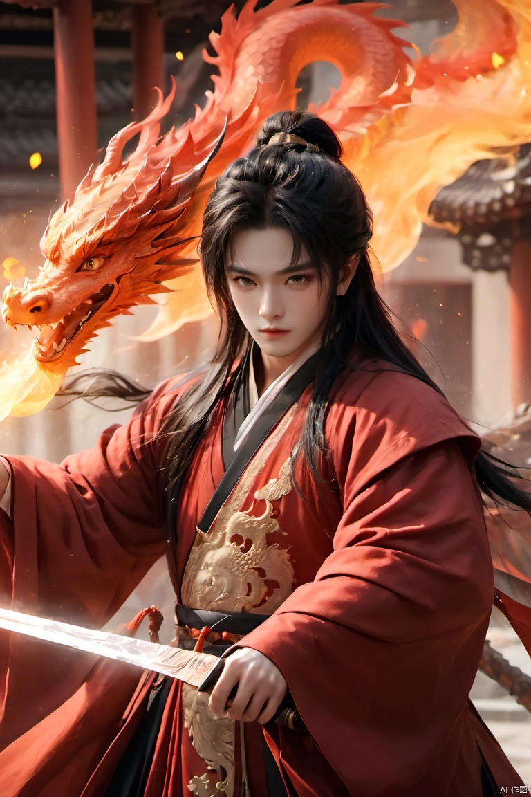  (masterpiece, best quality:1.5), smoke dragon,1boy, black hair, Breathing fire, combustion, ember, whole body, Keep, Keep sword, Keep arms,dark magic,Ancient Chinese Hanfu, long hair, long sleeves, looking at the audience, male focus, Red theme, alone, Permanently installed, sword, very long hair, arms, 1BOY, glow