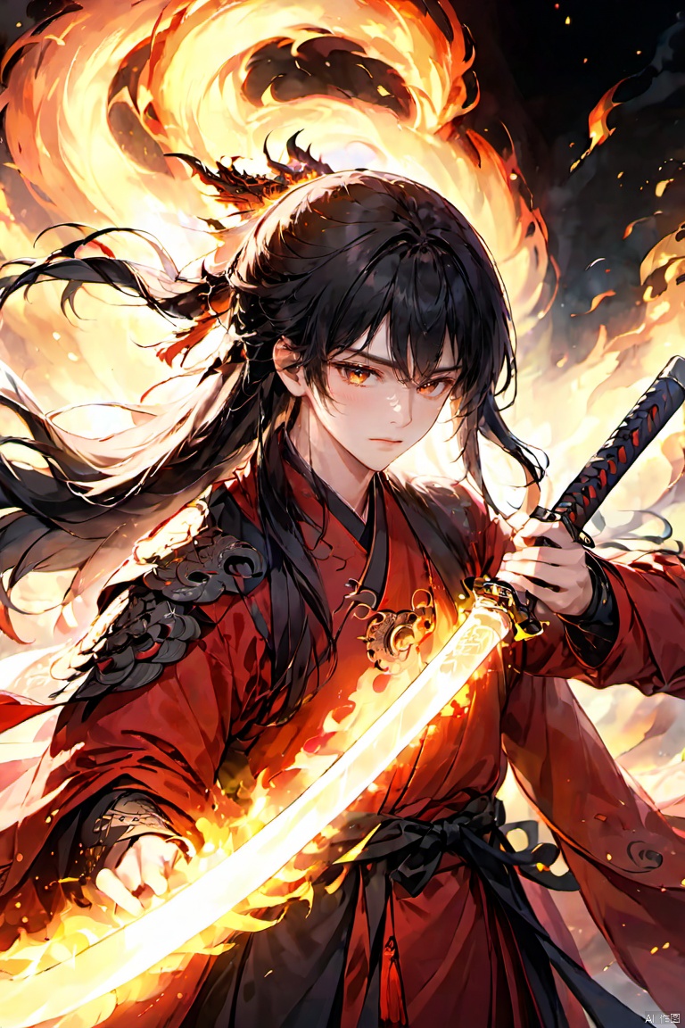  (masterpiece, best quality:1.5), smoke dragon,1boy, black hair, Breathing fire, combustion, ember, whole body, Keep, Keep sword, Keep arms,dark magic,Ancient Chinese Hanfu, long hair, long sleeves, looking at the audience, male focus, Red theme, alone, Permanently installed, sword, very long hair, arms, 1BOY, glow