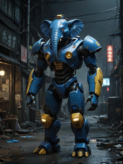  score_9, score_8_up, score_7_up, score_6_up, score_5_up, score_4_up ,
Blue Elephant Robot, Night, Front View, Yellow Halo in Dark Color Scheme, Realism in Documentary Style, Sense of Responsibility, High Saturation, Dark Atmosphere, Terror Atmosphere, Junki LTO, Chinese Punk,