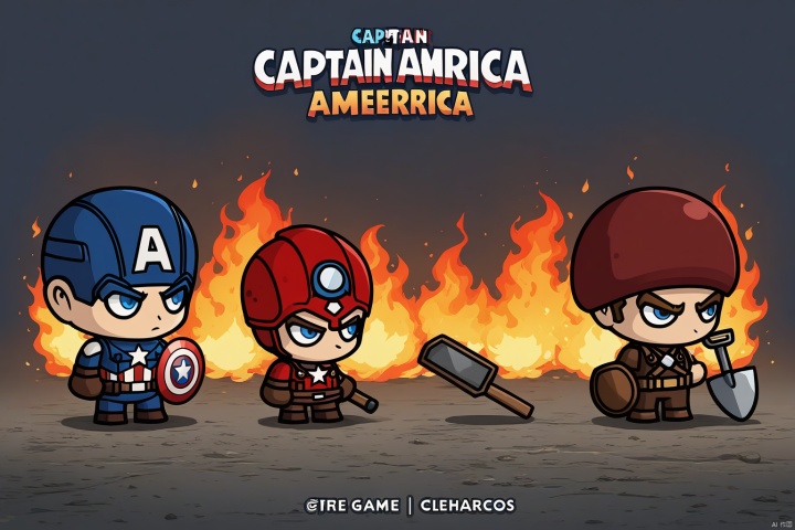  Three game characters, fire element, (Captain America),Hand held shovel, masterpiece, title