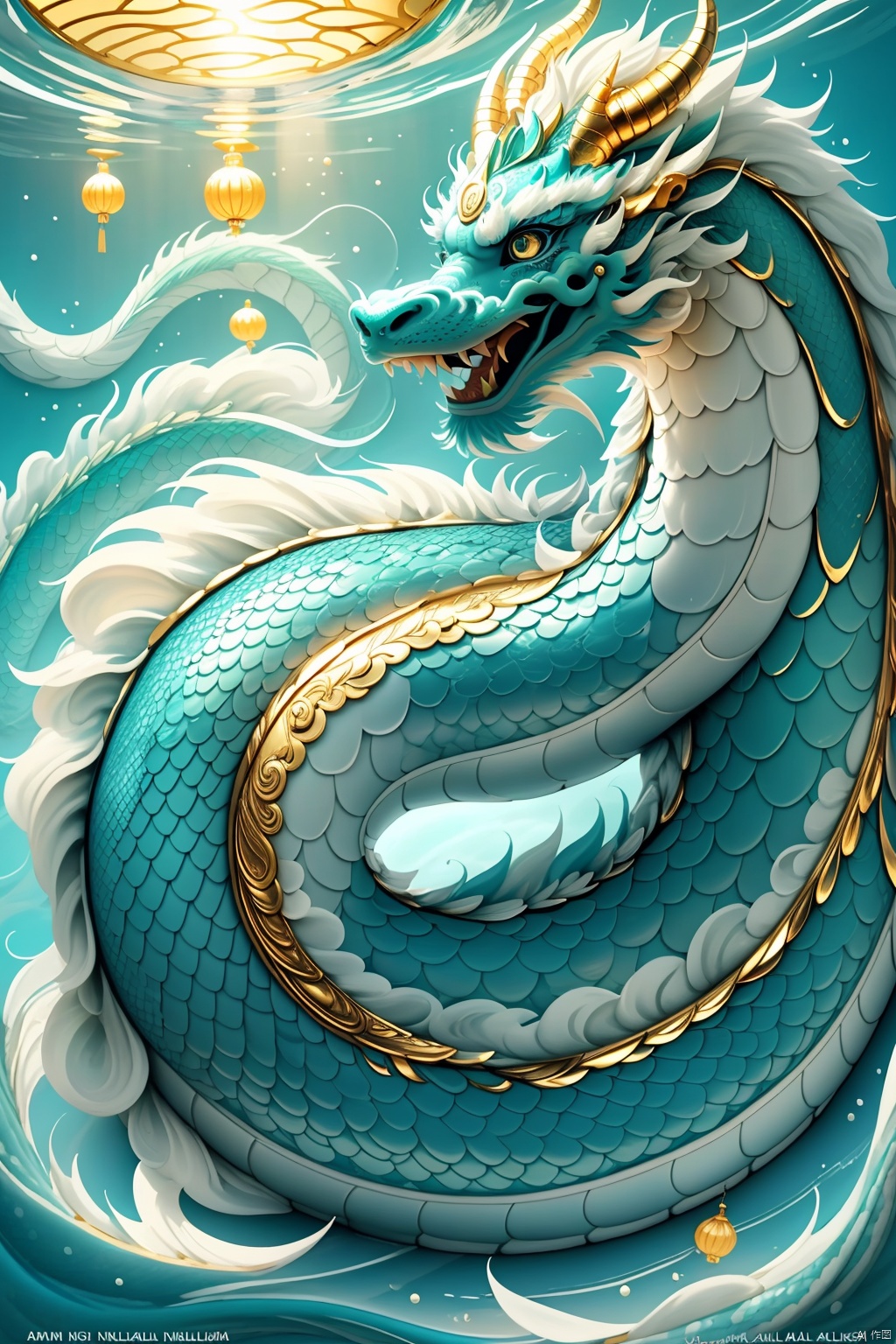  Surrealist photography, top view, Oriental
mythology,Freeze,hovering in sparkling light blue water a ice blue Chinese dragon,its long eyelashes and golden dragon horns, glittering dragon scales, fluffy texture, incredibly clear shallow water, surrounded by white mist, Large blue ice maked lotus floating on the water,Gold foil, polished, perfect curves, sunlight, Blue glare, sacred, natural, real, high detail, clean, Simple, best picture quality, in Asai Miki style, David Nordahl, naturalistic aesthetic, fast shutter speed,14mm lens, perfect composition, 8k HD