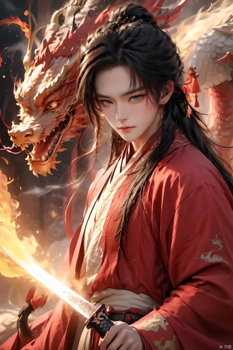  (masterpiece, best quality:1.5), smoke dragon,1boy, black hair, Breathing fire, combustion, ember, whole body, Keep, Keep sword, Keep arms,dark magic,Ancient Chinese Hanfu, long hair, long sleeves, looking at the audience, male focus, Red theme, alone, Permanently installed, sword, very long hair, arms, 1BOY, glow