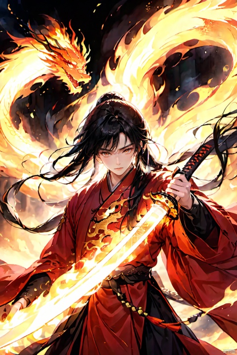  (masterpiece, best quality:1.5), smoke dragon,1boy, black hair, Breathing fire, combustion, ember, whole body, Keep, Keep sword, Keep arms,dark magic,Ancient Chinese Hanfu, long hair, long sleeves, looking at the audience, male focus, Red theme, alone, Permanently installed, sword, very long hair, arms, 1BOY, glow