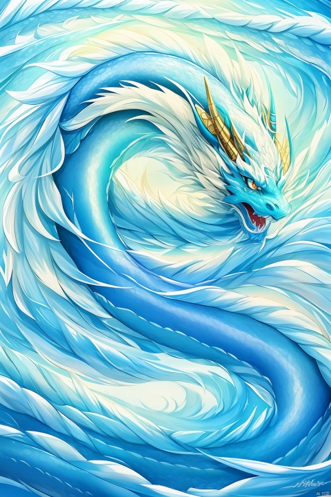  Surrealist photography, top view, Oriental
mythology,Freeze,hovering in sparkling light blue water a ice blue Chinese dragon,its long eyelashes and golden dragon horns, glittering dragon scales, fluffy texture, incredibly clear shallow water, surrounded by white mist, Large blue ice maked lotus floating on the water,Gold foil, polished, perfect curves, sunlight, Blue glare, sacred, natural, real, high detail, clean, Simple, best picture quality, in Asai Miki style, David Nordahl, naturalistic aesthetic, fast shutter speed,14mm lens, perfect composition, 8k HD, masterpiece
