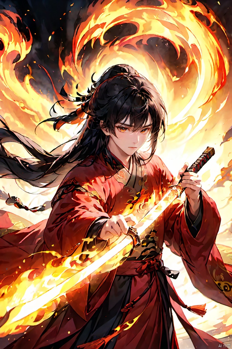  (masterpiece, best quality:1.5), smoke dragon,1boy, black hair, Breathing fire, combustion, ember, whole body, Keep, Keep sword, Keep arms,dark magic,Ancient Chinese Hanfu, long hair, long sleeves, looking at the audience, male focus, Red theme, alone, Permanently installed, sword, very long hair, arms, 1BOY, glow