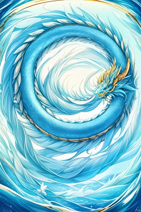  Surrealist photography, top view, Oriental
mythology,Freeze,hovering in sparkling light blue water a ice blue Chinese dragon,its long eyelashes and golden dragon horns, glittering dragon scales, fluffy texture, incredibly clear shallow water, surrounded by white mist, Large blue ice maked lotus floating on the water,Gold foil, polished, perfect curves, sunlight, Blue glare, sacred, natural, real, high detail, clean, Simple, best picture quality, in Asai Miki style, David Nordahl, naturalistic aesthetic, fast shutter speed,14mm lens, perfect composition, 8k HD