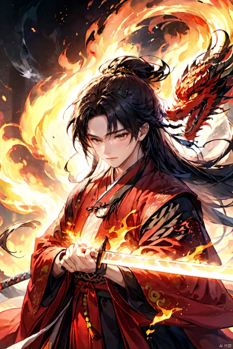  (masterpiece, best quality:1.5), smoke dragon,1boy, black hair, Breathing fire, combustion, ember, whole body, Keep, Keep sword, Keep arms,dark magic,Ancient Chinese Hanfu, long hair, long sleeves, looking at the audience, male focus, Red theme, alone, Permanently installed, sword, very long hair, arms, 1BOY, glow