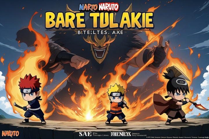  Three game characters, Fire Element, (Naruto), wielding a Fire Element battle axe, masterpiece, title