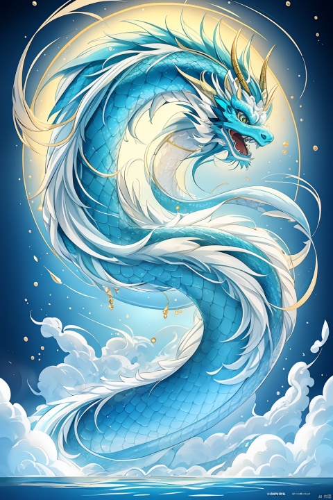  Surrealist photography, top view, Oriental
mythology,Freeze,hovering in sparkling light blue water a ice blue Chinese dragon,its long eyelashes and golden dragon horns, glittering dragon scales, fluffy texture, incredibly clear shallow water, surrounded by white mist, Large blue ice maked lotus floating on the water,Gold foil, polished, perfect curves, sunlight, Blue glare, sacred, natural, real, high detail, clean, Simple, best picture quality, in Asai Miki style, David Nordahl, naturalistic aesthetic, fast shutter speed,14mm lens, perfect composition, 8k HD